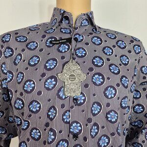 Visconti Black Button Up Flip Cuff Long Sleeve Shirt Men's Size S Blue Striped 8